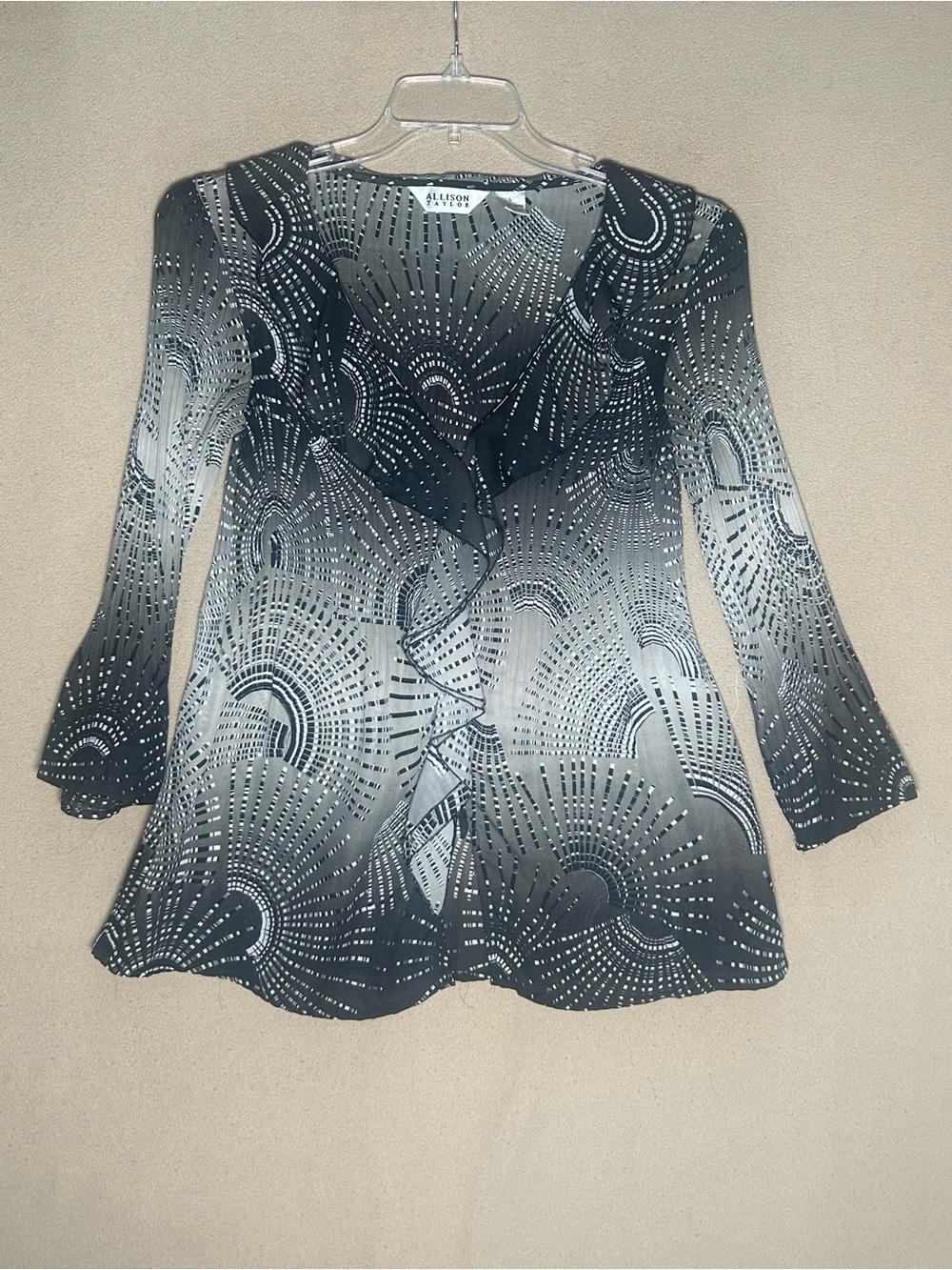 Allison Taylor Black & White Gradient Ruffle-Front Blouse Vintage. Bell sleeves